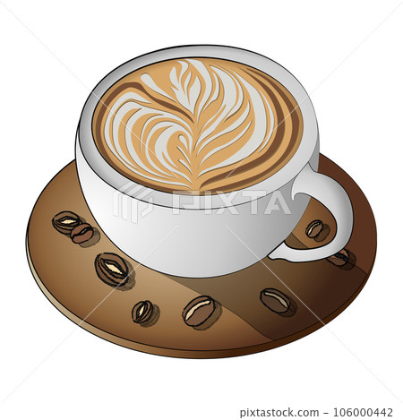 Latte art on coffee cup and coffee beans isolated cartoon design on transparent background, creative art beverage clipart element	 106000442