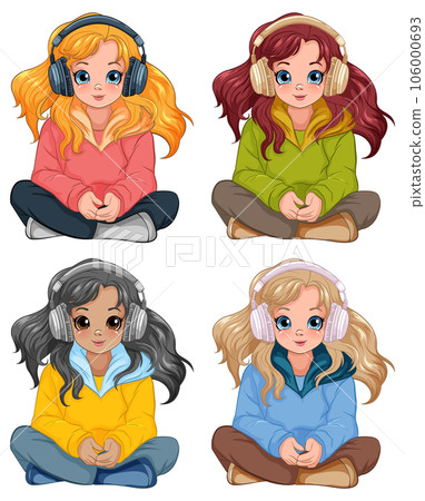 Set of girl sitting on the floor listening to music with headset Set of girl sitting on the floor listening to music with headset 106000693