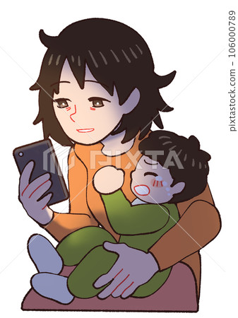 看著智能手機的母親厭倦了嬰兒在晚上哭 看著智能手機的母親厭倦了嬰兒在晚上哭 106000789