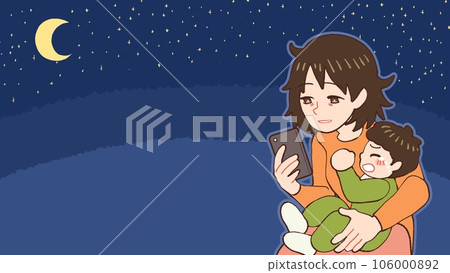Mother looking at a smartphone tired of a baby crying at night 106000892