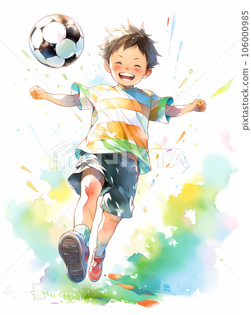 Cheerful boy kicking a soccer ball Cheerful boy kicking a soccer ball 106000985