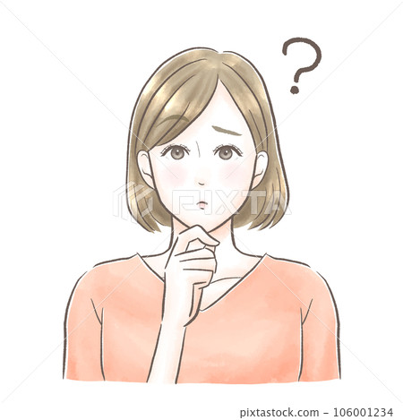 一個女人把手放在下巴上,心存疑慮,水彩風格 一個女人把手放在下巴上,心存疑慮,水彩風格 106001234