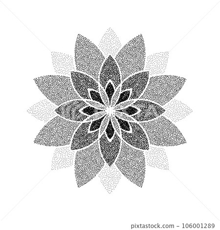 Stipple flower background. Dotted ornament mandala. Noise grain star shape. Abstract black floral petals decoration. Dotwork radial pattern design for tattoo, poster, clothes, badge, sticker. Vector 106001289