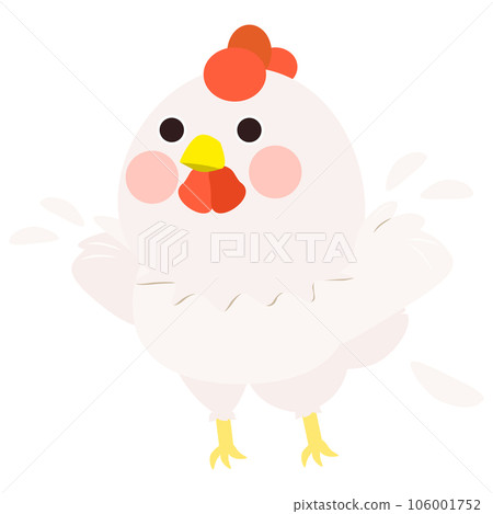 Cute little white chicken, full body, trying to fly with wing raise, front face. Isolated on white background, EPS10 vector Cute little white chicken, full body, trying to fly with wing raise, front face. Isolated on white background, EPS10 vector 106001752