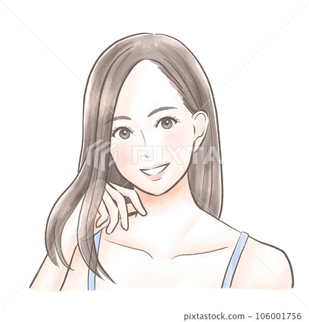 一個美麗的女人撫摸她美麗的長發水彩風格 一個美麗的女人撫摸她美麗的長發水彩風格 106001756