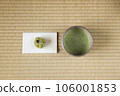 Matcha tea bowl with matcha and Japanese sweets on paper 106001853