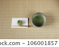 Matcha tea bowl with matcha and Japanese sweets on paper 106001857