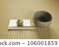 Matcha tea bowl with matcha and Japanese sweets on paper 106001859