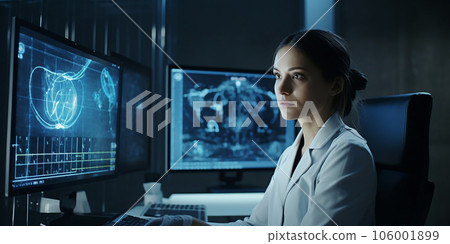 一邊看著屏幕一邊分析數據的女醫生/藥劑師（生成人工智能） 106001899