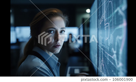 一邊看著屏幕一邊分析數據的女性（生成人工智能） 106001900