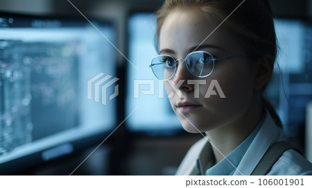 一邊看著屏幕一邊分析數據的女醫生/藥劑師（生成人工智能） 106001901