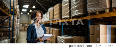 Middle-aged African American woman stands in a warehouse with a papers and checks the statements for the presence of goods. 106002262