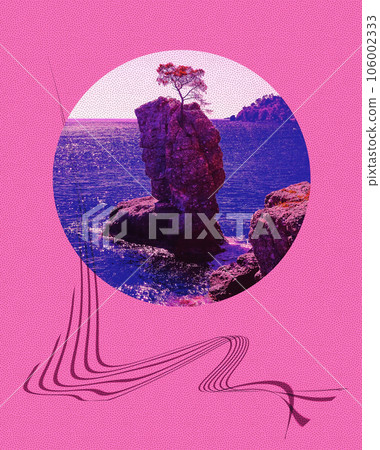 Aesthetic view of nature with mountains and sea in inversion purple colors 106002333