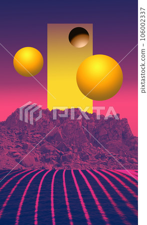 Aesthetic view of nature with mountains and sea in inversion purple colors Aesthetic view of nature with mountains and sea in inversion purple colors 106002337