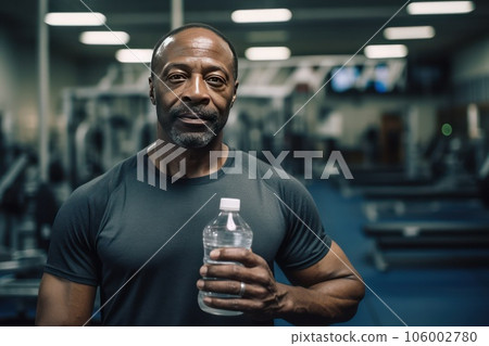 Photo of an African American man in the gym with a bottle of water. Photo of an African American man in the gym with a bottle of water. 106002780
