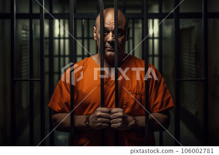 Middle aged prisoner in orange uniform holds hands on metal bars, looking at camera. Middle aged prisoner in orange uniform holds hands on metal bars, looking at camera. 106002781