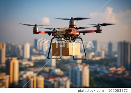 Transportation drone delivery box on city sky. Transportation drone delivery box on city sky. 106003572