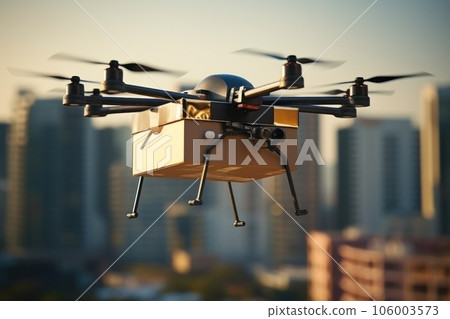 Transportation drone delivery box on city sky. Transportation drone delivery box on city sky. 106003573