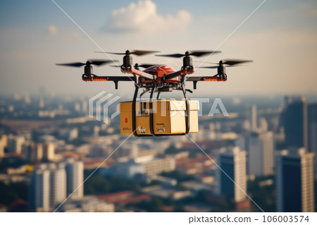 Transportation drone delivery box on city sky. Transportation drone delivery box on city sky. 106003574