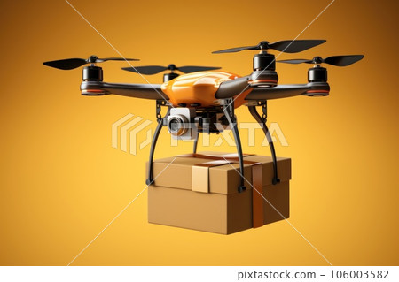 Drone trasportato delivery hang a box on yellow background. Drone trasportato delivery hang a box on yellow background. 106003582