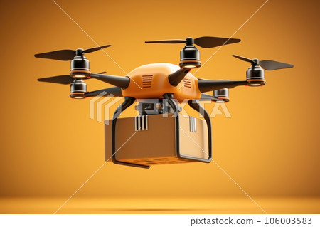 Drone trasportato delivery hang a box on yellow background. Drone trasportato delivery hang a box on yellow background. 106003583