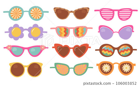 Groovy hippie sunglasses set. Cute retro psychedelic glasses 60s, 70s, 80s. Fashion aesthetic collection. 106003852