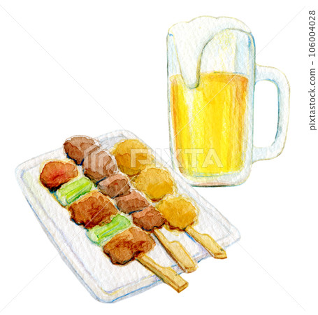 Watercolor illustration Dinner menu with draft beer and yakitori 106004028
