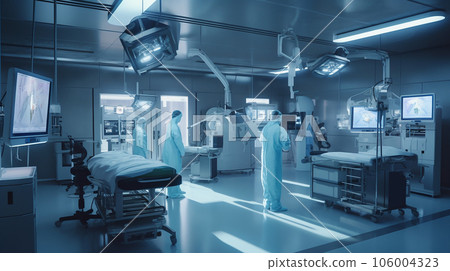 使用 VR、AI 和人工智能（生成式 AI）在最先進的醫療設施中工作的醫生和手術室 106004323