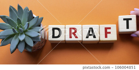 Draft symbol. Concept word Draft on wooden cubes. Businessman hand. Beautiful orange background with succulent plant. Business and Draft concept. Copy space. 106004851