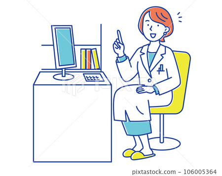 A young female doctor who sits on a chair between computers and points and explains 106005364