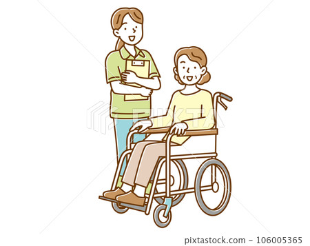 A senior woman in a wheelchair and a young female caregiver with a file 106005365