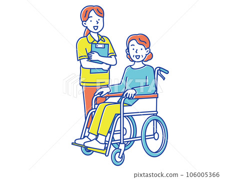 A senior woman in a wheelchair and a young female caregiver with a file 106005366