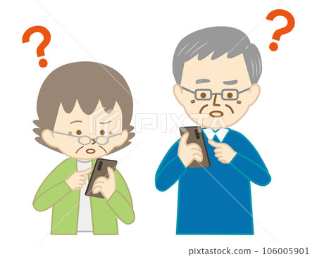 擔心操作智能手機的老年男性和女性 擔心操作智能手機的老年男性和女性 106005901