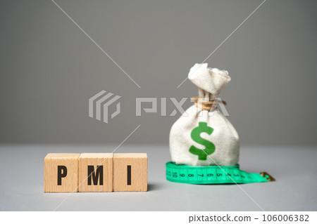 PMI on a blocks concept - Purchasing Managers' Index. Economic indicators derived from monthly surveys of private companies. Business assessments and finance concept. PMI Project Management Institute 106006382