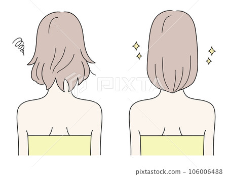 Illustration set of a woman with a back view that turns damaged hair into beautiful hair Illustration set of a woman with a back view that turns damaged hair into beautiful hair 106006488
