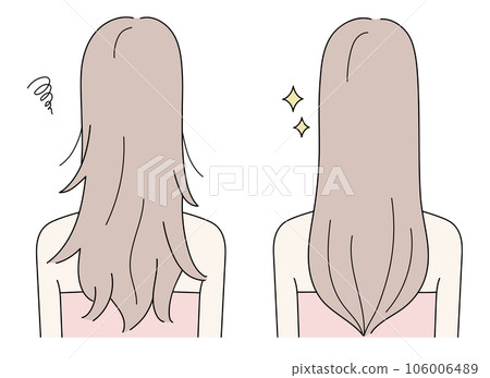 Illustration set of a woman with a back view that turns damaged hair into beautiful hair Illustration set of a woman with a back view that turns damaged hair into beautiful hair 106006489