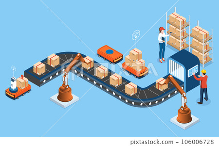 3D isometric automated warehouse robots and Smart warehouse technology Concept with Warehouse Automation System and Autonomous Robot Transportation operation service. Vector illustration EPS 10 106006728