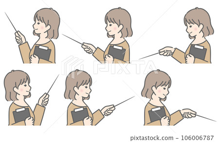 A young woman holding a binder and pointing in various directions (sideways, plain clothes) A young woman holding a binder and pointing in various directions (sideways, plain clothes) 106006787