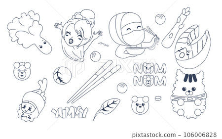 Vector image of a set of national Japanese dishes and products in contours. EPS 10 Vector image of a set of national Japanese dishes and products in contours. EPS 10 106006828