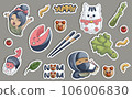 Vector image of a set of stickers from national Japanese dishes and products in contours. EPS 10 106006830
