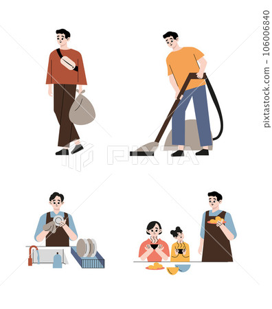 Men cleaning house working on household chores activities wiping dust, throwing garbage, washing dishes, do vacuum cleaning and cooking meal. Housekeeping concept. Flat drawn style vector design	 106006840