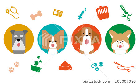 一組圖形和簡單的狗圖標（迷你雪納瑞、蝴蝶犬、比格犬、秋田犬） 106007086
