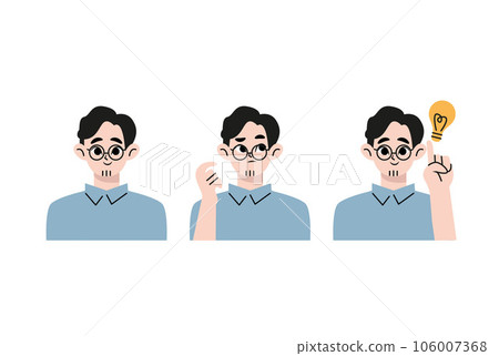 Set of character bearded man greets , thinks and finds a solution. Vector illustration in cartoon style	 106007368