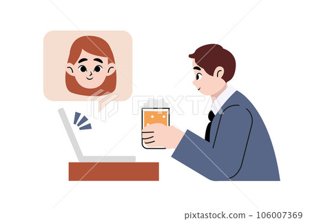 Young happy couple toasting with beer online using laptop. Man talking making online video call use computer isolated Hand drawn style vector design illustrations.	 106007369