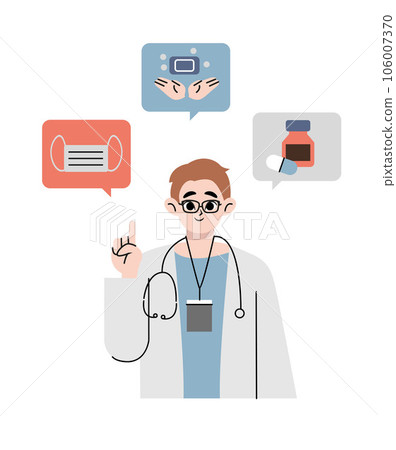 Male doctor shows her hand and gives advice. Wash your hands, wear a mask. Consultation with a medical specialist. COVID-19. Colorful vector illustration in a flat design.	 106007370