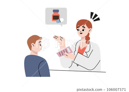 Cartoon doctor giving medicine to man. Flat vector illustration. Woman in white coat holding bills of pills to guy. Medicine, treatment, disease concept for banner design or landing page	 106007371