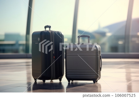 Two grey stylish suitcases standing in empty airport hall, in daylight 106007525