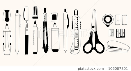 Stationery line art style set. Vector editable stroke. Set of items for school and work Stationery line art style set. Vector editable stroke. Set of items for school and work 106007801