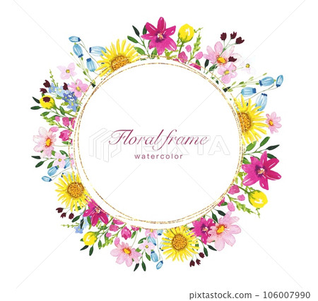 Floral round frame with summer flowers, watercolor 106007990
