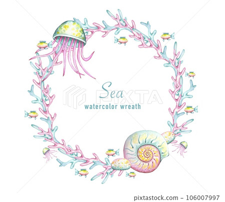 Sea wreath of marine animals, jellyfish, fish, shells. watercolor Sea wreath of marine animals, jellyfish, fish, shells. watercolor 106007997